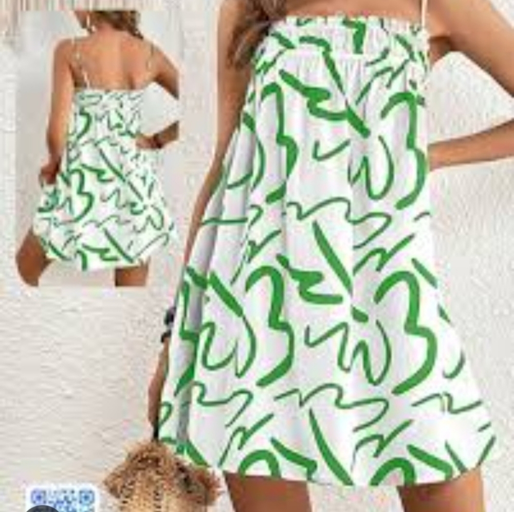 Shein VACAY Sundress Green and White Patterned Dress Sleeveless Size Medium